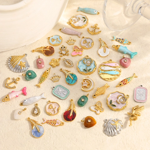 Colgante de Joyería DIY de Acero Inoxidable Esmalte de Goteo de Aceite Flor Océano Pez Mariposa Dije Para Collar Pulsera