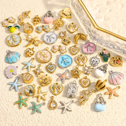 Stainless Steel DIY Jewelry Pendants Heart Cat Dog Owl Starfish Sea Horse Animal Drip Oil Gold Plated Pendants Only For Jewelry Making