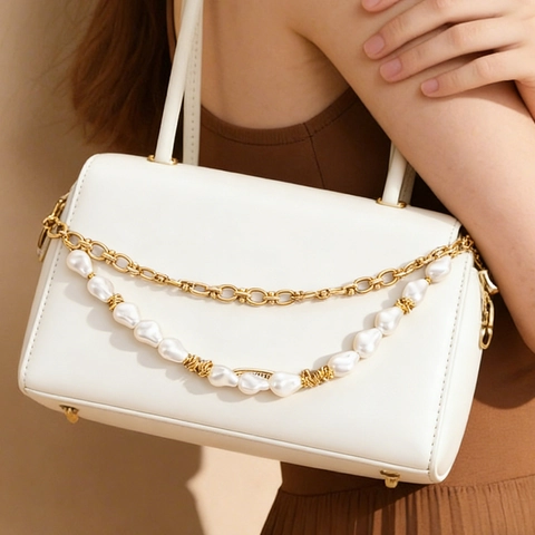 Stainless Steel Artificial Pearl Heart Bag Charm Rhinestone Enamel Pendant For Women Elegant Fashion Bag Keyring Accessory
