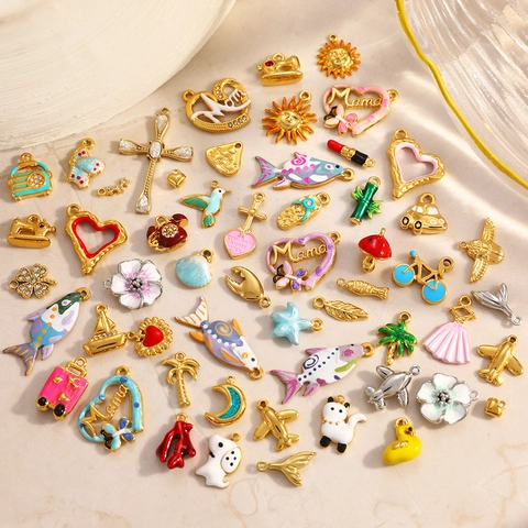 Pendentifs en Acier Inoxydable pour Bijoux DIY Fête des Mères Cœur Émail Animal Coquille Avion pour Création Collier