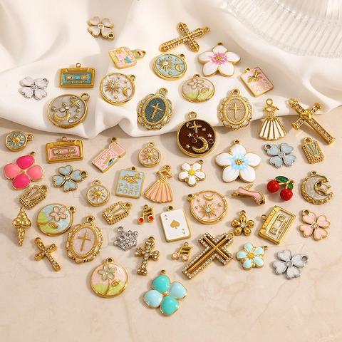 Stainless Steel Drip Oil Pendant For Jewelry Making 18K Gold Plated Cross Flower Suitcase DIY Necklace Bracelet Charms