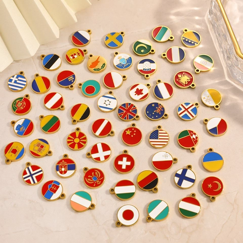 18K Gold Plated Stainless Steel National Flag Enamel Round Coin Pendant For DIY Jewelry Making Necklace Accessories Waterproof Hypoallergenic Men Women