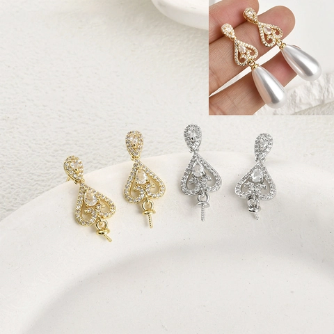 Copper 14K Gold Plated Zirconia Lace Heart Earring Stud Findings With Silver Earring Post Artificial Pearl Holder DIY Jewelry Components