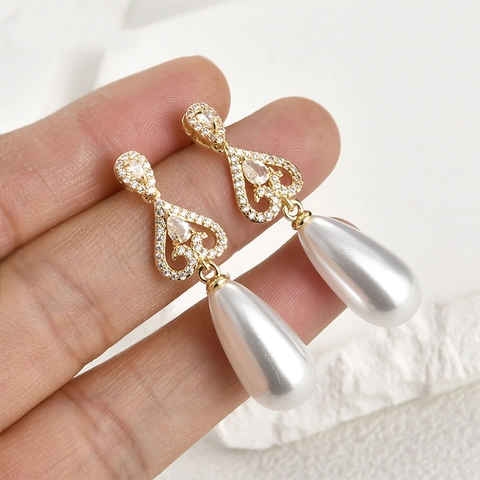 Copper 14K Gold Plated Zirconia Lace Heart Earring Stud Findings With Silver Earring Post Artificial Pearl Holder DIY Jewelry Components