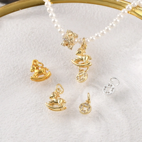 DIY Copper Zirconia Rocking Horse Ancient Coin Charm Pendants For Jewelry Making Necklace Bracelet Accessory Real Gold Plated