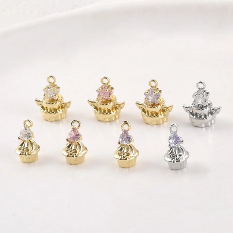 Copper Zirconia Cupcake Pendant For DIY Jewelry Making Gold Silver Plated Sweet Heart Star Shape Charms For Bracelet Necklace