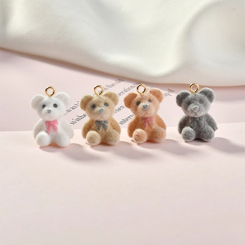 Mini Flocked Bear Pendants For DIY Jewelry Making Cute Resin Teddy Bear Charms For Earrings Keychains Handmade Accessories