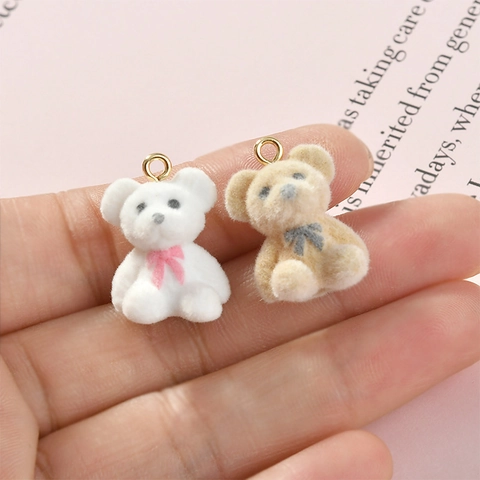 Mini Flocked Bear Pendants For DIY Jewelry Making Cute Resin Teddy Bear Charms For Earrings Keychains Handmade Accessories