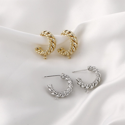 Pendientes de Botón Forma C Trenzada Con Anillo de Suspensión Cobre Plateado Poste de Plata Accesorios para Hacer Joyas DIY