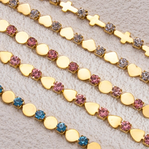 Bracciale in Acciaio Inossidabile Zirconia Placcato Oro 18K per Donna Cuore Croce Impermeabile Regolabile Gioielli di Moda