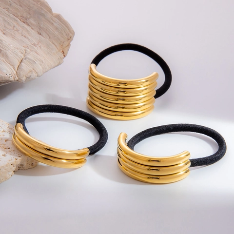 Minimalist Stainless Steel Hair Ties For Women Gold Plated Metal Cuff Hair Ring High Elastic Black Hair Band Trendy Ponytail Holder Fashion Hair Accessories