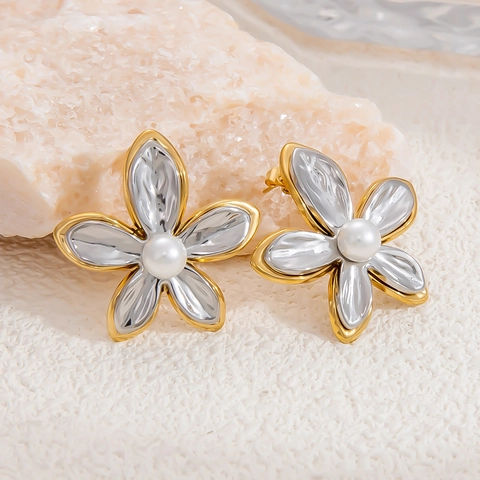 Roestvrij Stalen 18K Vergulde Bloem Sieraden Collectie Met Kunstparel Gehamerd Bloemblad Oorbellen Ketting Ring Haarspeld Vrouwen