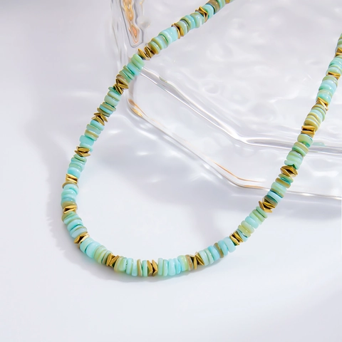Collier de Perles en Acier Inoxydable Bohème Perles Disques en Coquille Vert Menthe Plaqué Or 18K Bijoux Réglables