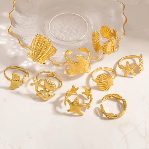 Anello Aperto in Acciaio Inossidabile di Moda per Donna Serie Oceano Stella Marina Conchiglia Foglia di Ginkgo Placcato Oro