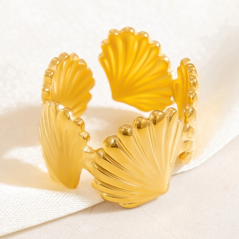 Anello Aperto in Acciaio Inossidabile Tema Oceano Stella Marina Conchiglia Per Donna Placcato Oro 18K Regolabile Serpente