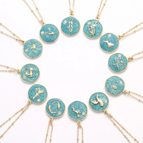 Roestvrij Stalen Twaalf Sterrenbeelden Hanger Halsketting Goud Verguld Sterrenbeeld Ronde Charme Strass Sieraden Voor Vrouwen