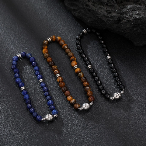 Vintage Stainless Steel Tiger Eye Beaded Bracelet Men Retro Oriental Lapis Stone Splicing Necklace Magnetic Clasp Jewelry
