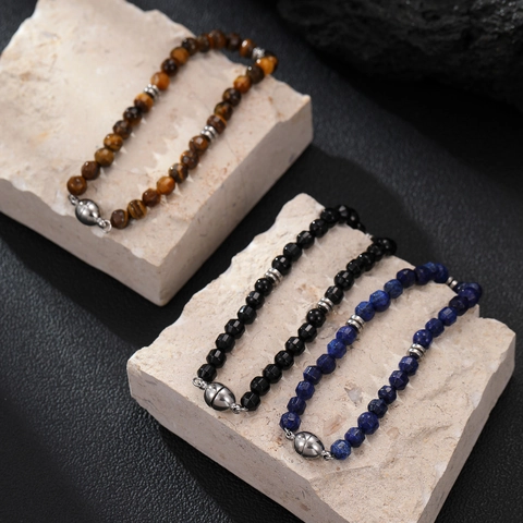 Vintage Stainless Steel Tiger Eye Beaded Bracelet Men Retro Oriental Lapis Stone Splicing Necklace Magnetic Clasp Jewelry