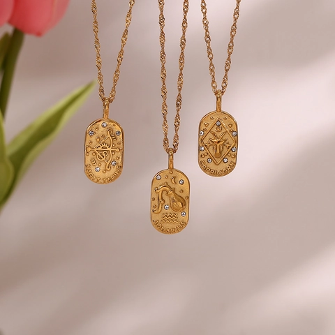 Collana con Pendente a 12 Segni Zodiacali in Acciaio Inossidabile Placcato Oro 18K Zirconia Per Donna Gioielli di Moda