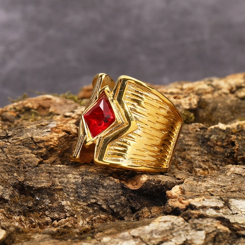 Anello a Fascia Larga in Acciaio Inossidabile Vintage per Uomo Donna Placcato Oro con Strass Quadrato Intarsiato Geometrico Texture Punk Gioielli