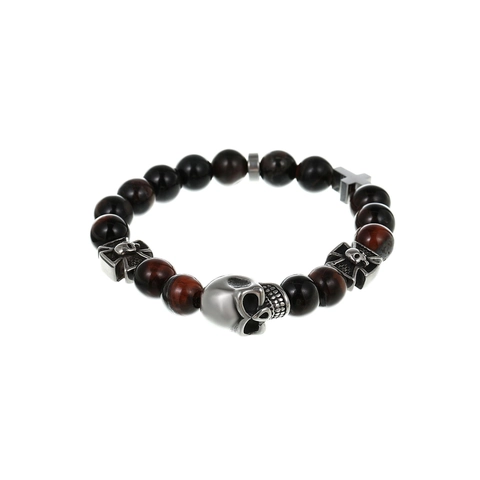 Pulsera de Cuentas de Ojo de Tigre para Hombre Pulsera con Dije de Cruz y Calavera de Acero Inoxidable Punk Gótico Joyería de Cadena de Doble Capa de Flores