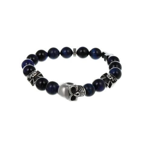 Pulsera de Cuentas de Ojo de Tigre para Hombre Pulsera con Dije de Cruz y Calavera de Acero Inoxidable Punk Gótico Joyería de Cadena de Doble Capa de Flores