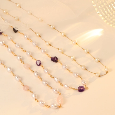 Damen Mode Edelstahl Süßwasserperle Halskette Elegant Natur Rosa Quarz Amethyst Stein Perlen Kragen Schmuck