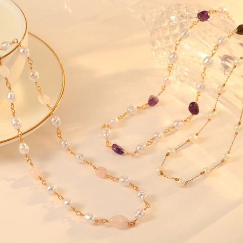 Damen Mode Edelstahl Süßwasserperle Halskette Elegant Natur Rosa Quarz Amethyst Stein Perlen Kragen Schmuck