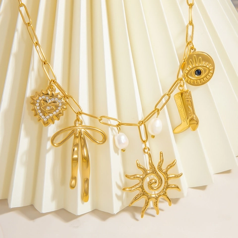 Collana In Acciaio Inossidabile Placcato Oro 18K Con Ciondoli Multipli Perla Artificiale Strass Cuore Sole Farfalla Gioielli