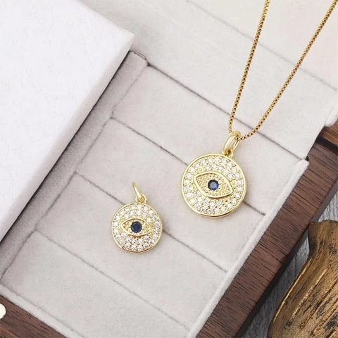 Fashion Copper Gold Plated Round Evil Eye Pendant Only Without Chain Pave Rhinestone Blue Stone Women DIY Necklace Accessory