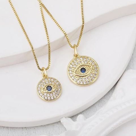 Fashion Copper Gold Plated Round Evil Eye Pendant Only Without Chain Pave Rhinestone Blue Stone Women DIY Necklace Accessory
