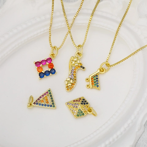 Lucia Geometric Pendant Necklace Colorful Rhinestone Inlaid Accessory Butterfly Star Lip Heart Leaf Jewelry For Women Gold Plated