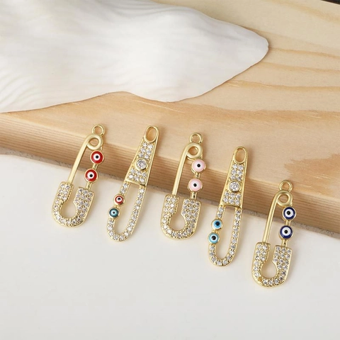 Modischer Kupfer Vergoldeter Sicherheitsnadel Anhänger Strass Eingelegt Geometrischer Böser Blick Handwerk Charm Für DIY Halskette Schmuckherstellung Zubehör