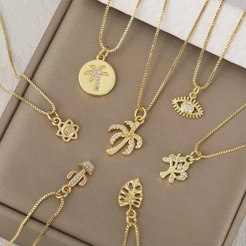 Vergoldete Kupfer Strass Anhänger Halskette Für Damen Palme Lebensbaum Böser Blick Kaktus Blatt Mode Schmuck Zubehör Geschenk