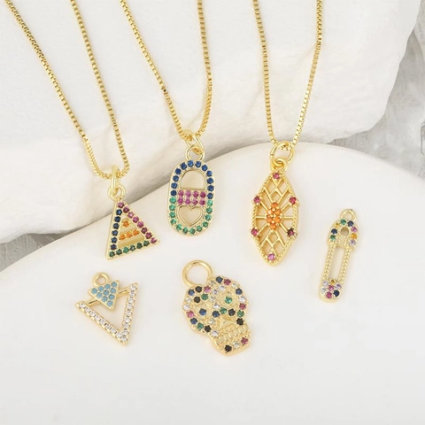 Colgante de Cobre Chapado en Oro con Diamantes de Imitación para Mujer Pequeño Geométrico Cruz Corazón Forma de Calavera Accesorio de Joyería DIY