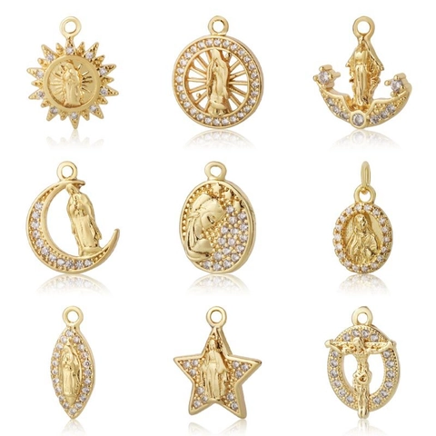 Ciondolo Vergine Maria Religiosa in Rame per Donna Oro Galvanizzato con Strass Intarsiato Gioielli alla Moda Ciondoli Cristiani