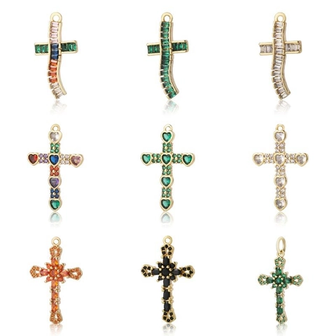 18K Gold Plated Copper Zirconia Cross Pendant Necklace Vintage Luxury Colorful Rhinestone Religious Jewelry For Women
