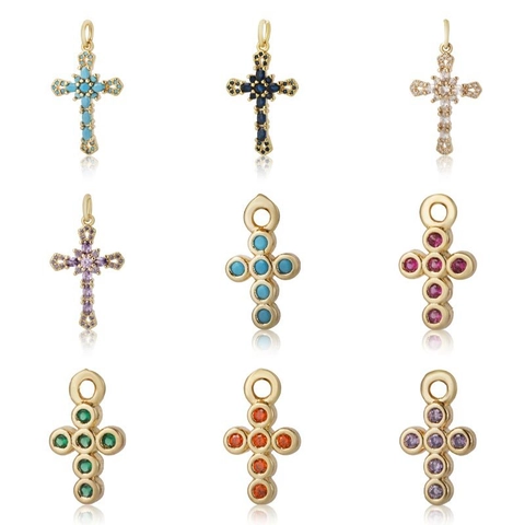 18K Gold Plated Copper Zirconia Cross Pendant Necklace Vintage Luxury Colorful Rhinestone Religious Jewelry For Women