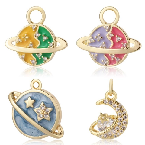 Gold Plated Copper Enamel Planet Moon Pendants With Rhinestone Starry Sky Universe Series DIY Jewelry Charms For Women