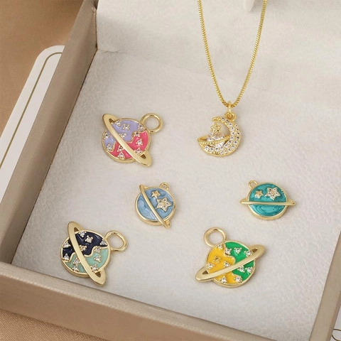 Gold Plated Copper Enamel Planet Moon Pendants With Rhinestone Starry Sky Universe Series DIY Jewelry Charms For Women