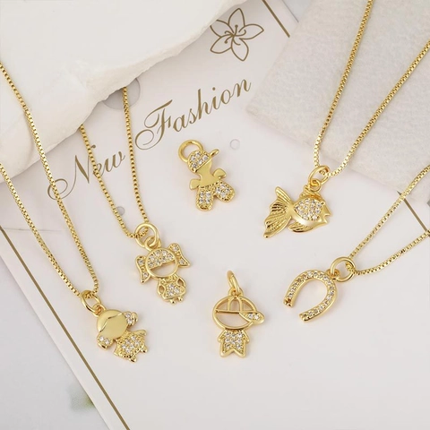 18K Gold Plated Copper Zirconia Pendant For Women Kids Cute Boy Girl Fish Horseshoe Om Religious Symbol Jewelry Pendant Only