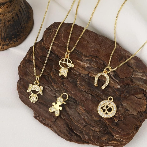 18K Gold Plated Copper Zirconia Pendant For Women Kids Cute Boy Girl Fish Horseshoe Om Religious Symbol Jewelry Pendant Only