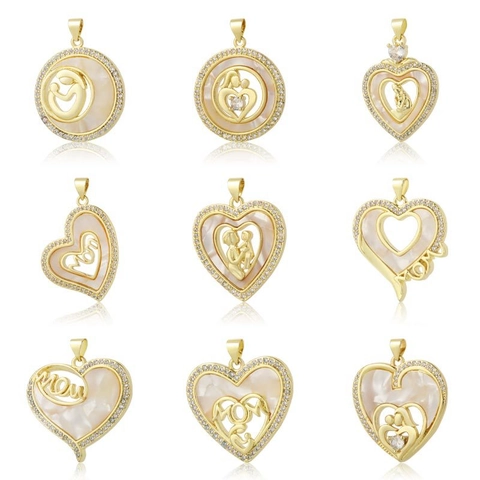 Collana con Pendente MAMA MOM a Cuore in Rame Placcato Oro per la Festa della Mamma con Zirconia Colorata e Madreperla