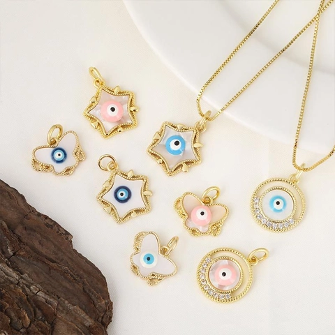 Copper Evil Eye Pendant Necklace For Women Fashion Rhinestone Butterfly Star Round Shape Pendants Bohemian Jewelry Gift