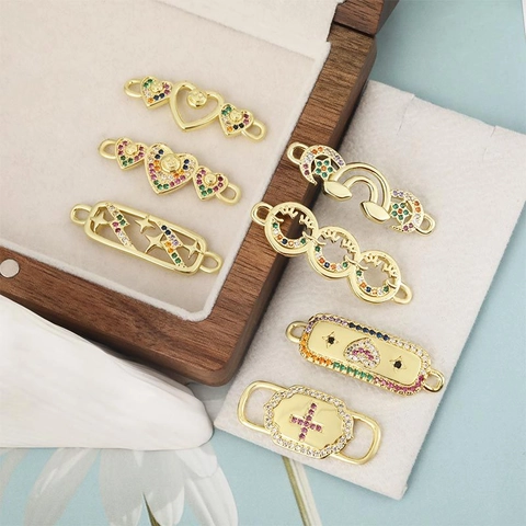 18K Gold Plated Copper Micro Zircon Connector For DIY Bracelet Making Cross Heart Star Moon Smiley Face Jewelry Pendant