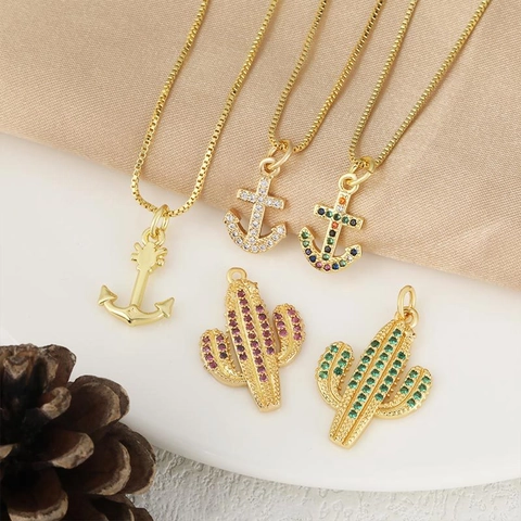 Fashion Copper Gold Plated Cactus Anchor Pendant Necklace Women Colorful Cubic Zirconia Enamel Plant Sea Style Jewelry Gift
