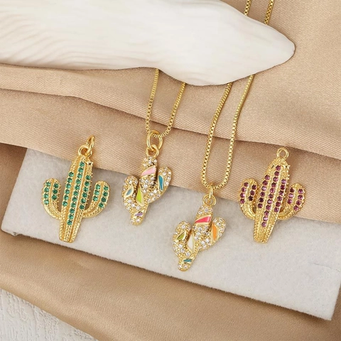 Fashion Copper Gold Plated Cactus Anchor Pendant Necklace Women Colorful Cubic Zirconia Enamel Plant Sea Style Jewelry Gift