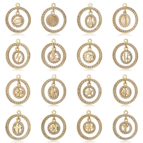 Ciondolo Rotondo in Rame con Intarsio di Zirconia Cuore Animale Croce Modello Placcato Oro Ciondolo Oscillante per Collana DIY