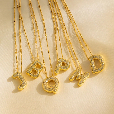 18K Gold Plated Titanium Steel Bubble Letter Pendant Necklace Full Cubic Zirconia Inlaid Alphabet Initial Jewelry For Women