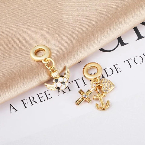 DIY Copper 18K Gold Plated Enamel Charm Pendants Rhinestone Soccer Heart Anchor Cross Love Letter Jewelry Making Accessories